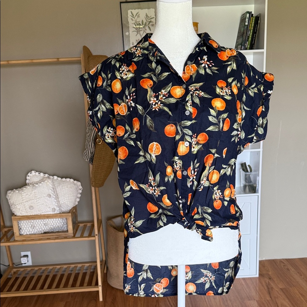 Navy Shirt with Orange Fruit Print